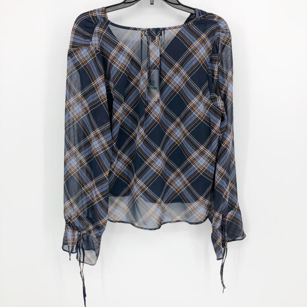 Jessica Simpson Womens Aurora Blouse Large Blue Plaid Long Sleeve V Neck NWT - Picture 7 of 11